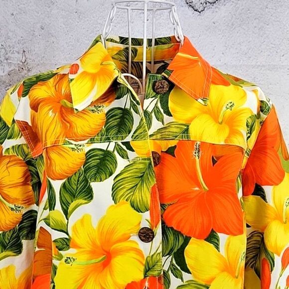 Coldwater Creek jean jacket tropical floral print - orange & yellow Size S - Picture 2 of 9